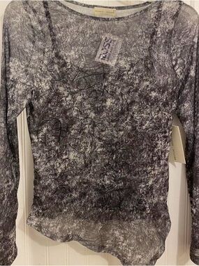 black + white asymmetrical camo mesh top
